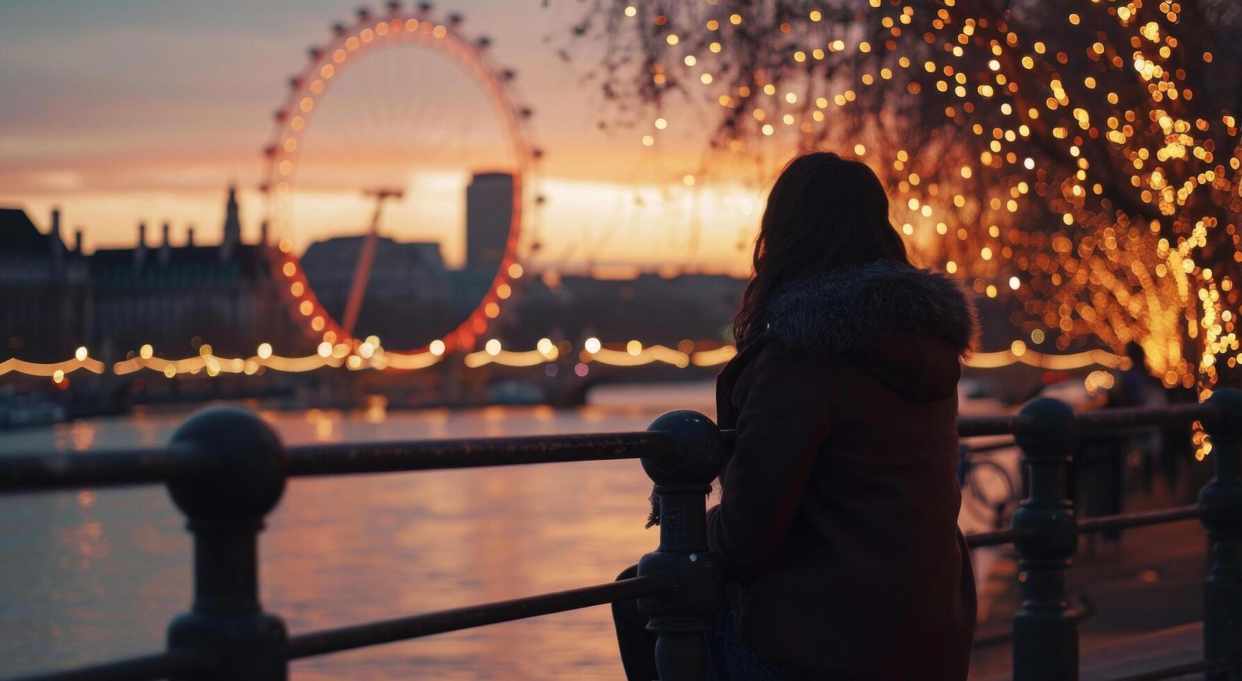 ai généré Valentin la personne séance sur une rail à la recherche à Londres œil et le coucher du soleil photo