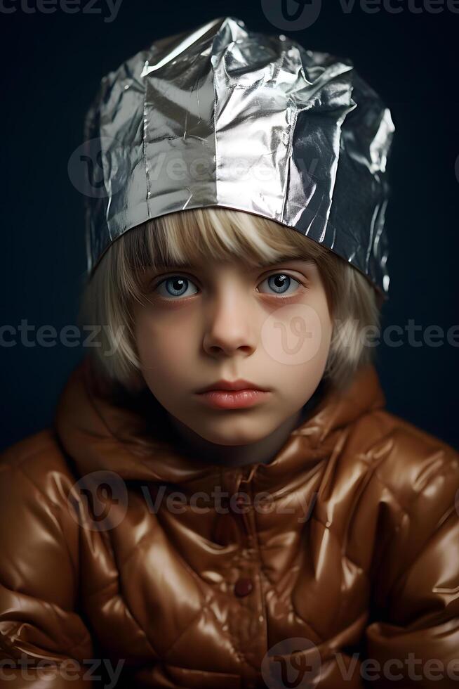 ai généré méfiant caucasien enfant dans déjouer chapeau à la recherche dans caméra, neural réseau généré photoréaliste image photo