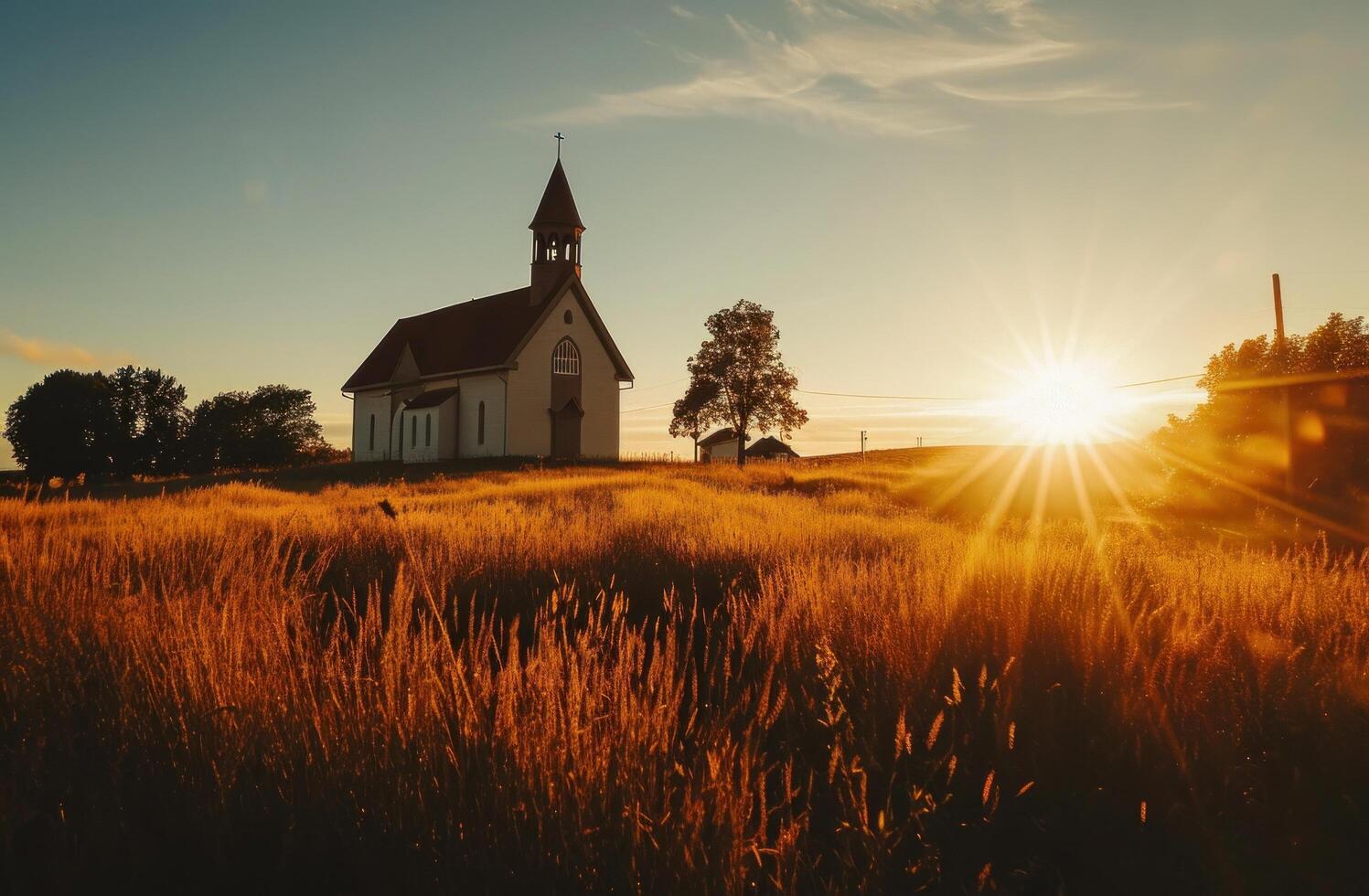 ai généré une église dans une pays champ par le Soleil à lever du soleil photo