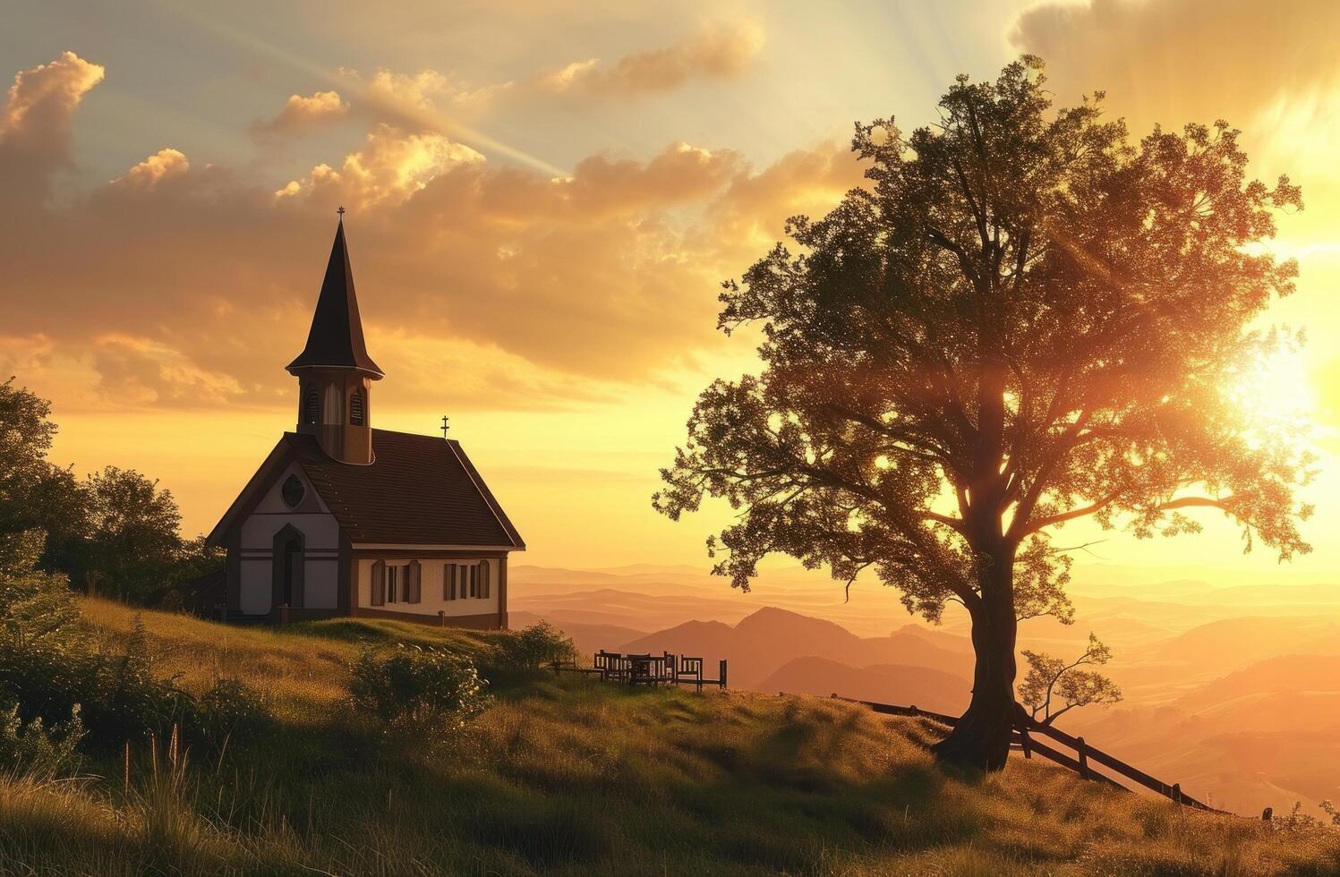 ai généré une église sur une flanc de coteau à le coucher du soleil avec une arbre photo