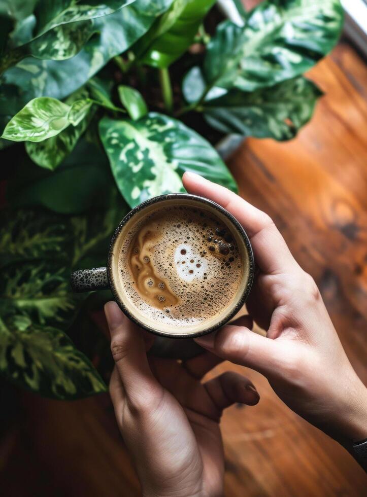 ai généré une femme tête est en portant une café tasse avec blanc moussant café plus de plante photo