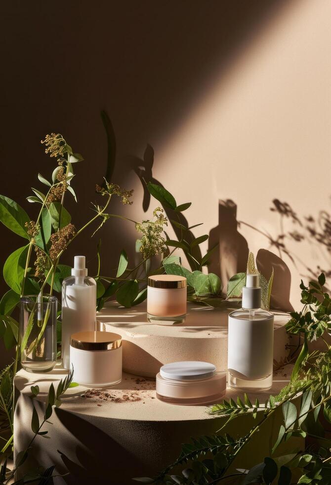 ai généré une groupe de cosmétique des produits avec certains les plantes autour leur photo