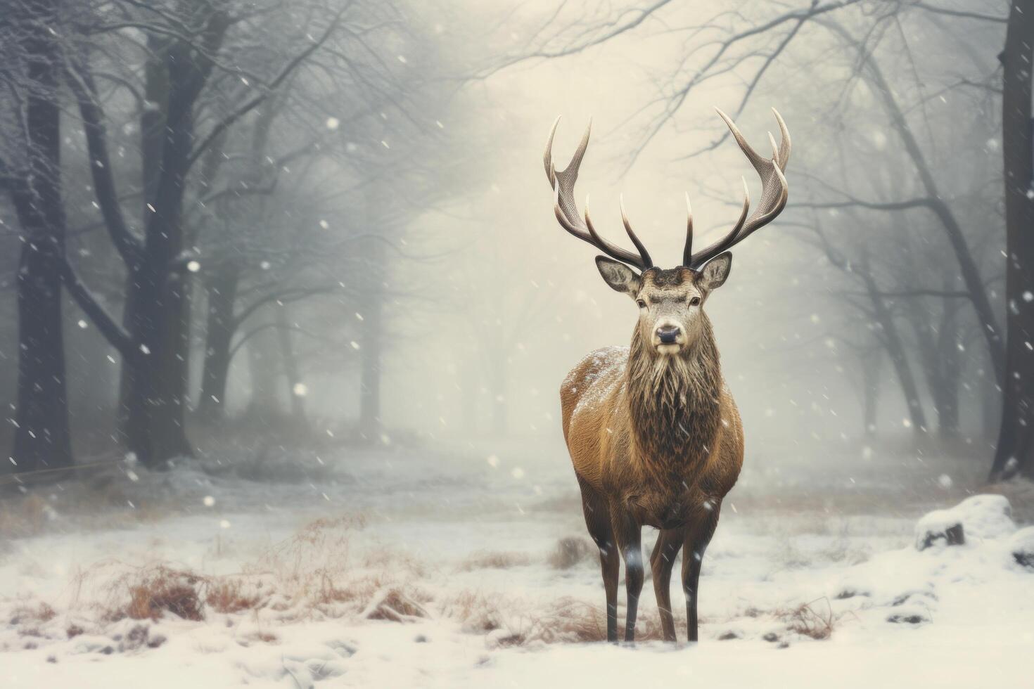 ai généré une cerf dans le neige avec une grand klaxon photo