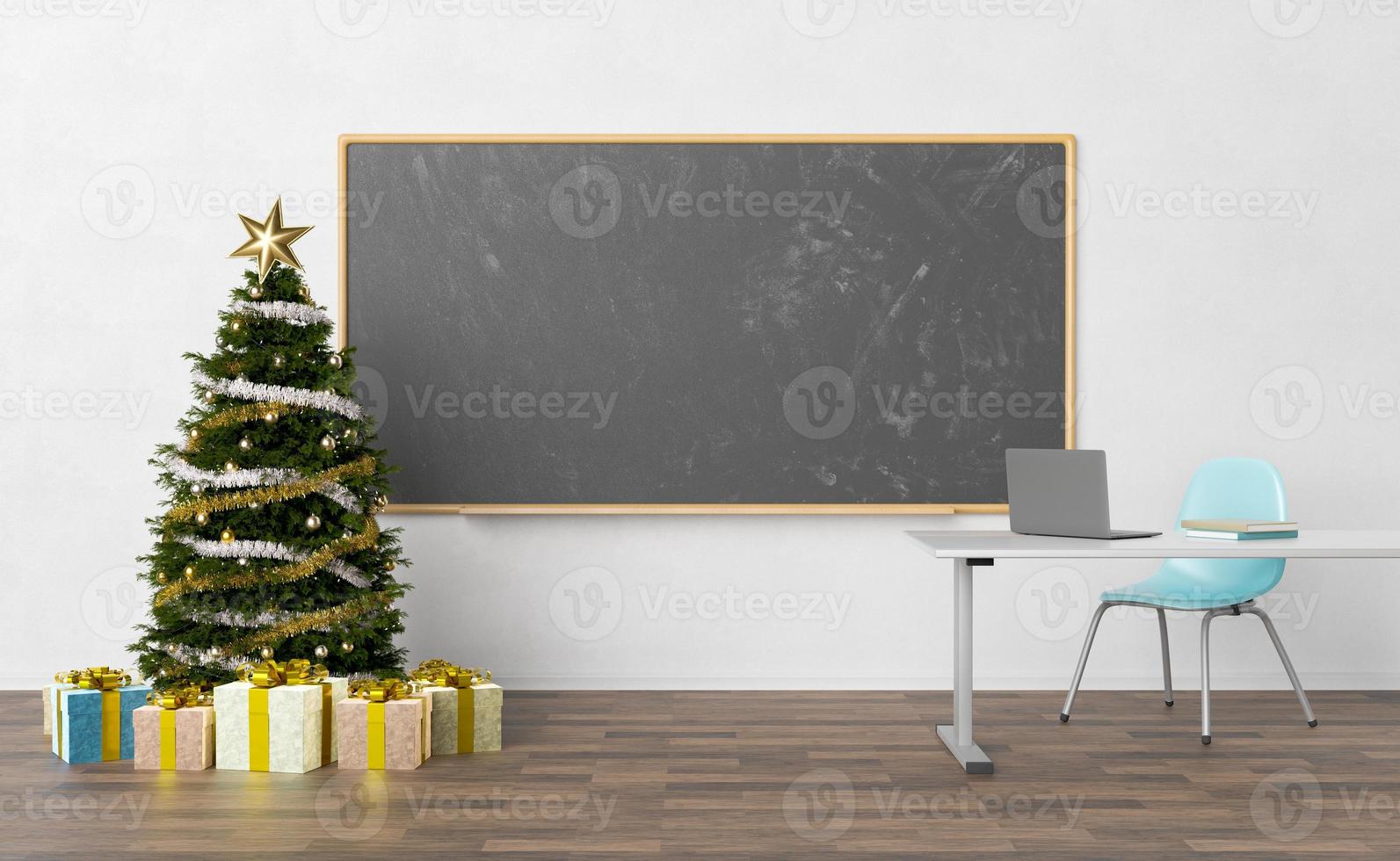 tableau noir dans une salle de classe avec arbre de noël photo