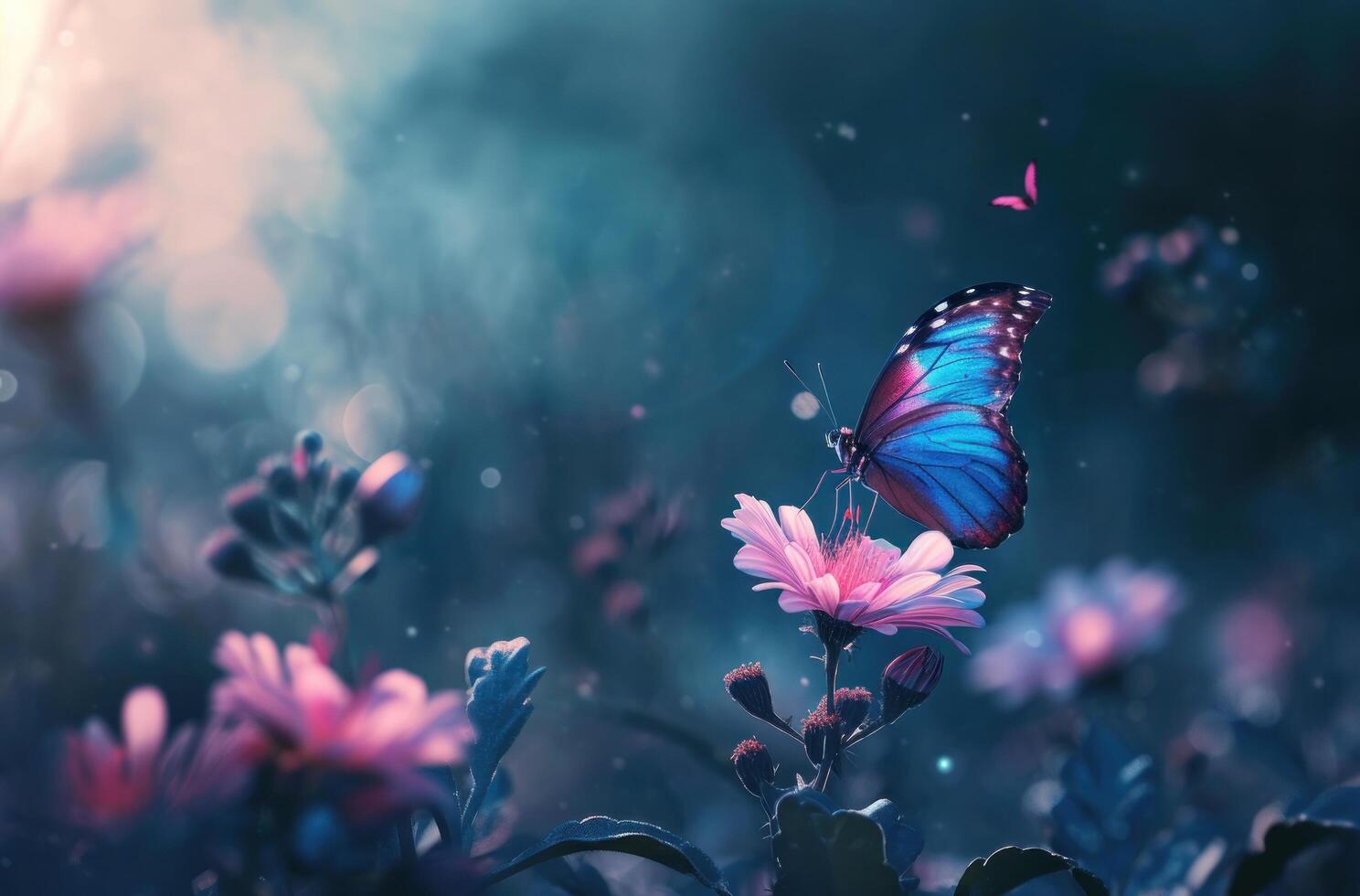 ai généré bleu et rose papillon en volant plus de le fleur photo