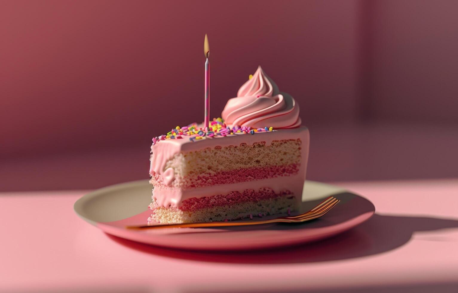 ai généré rose anniversaire gâteau est sur une rose assiette sur une rose Contexte photo