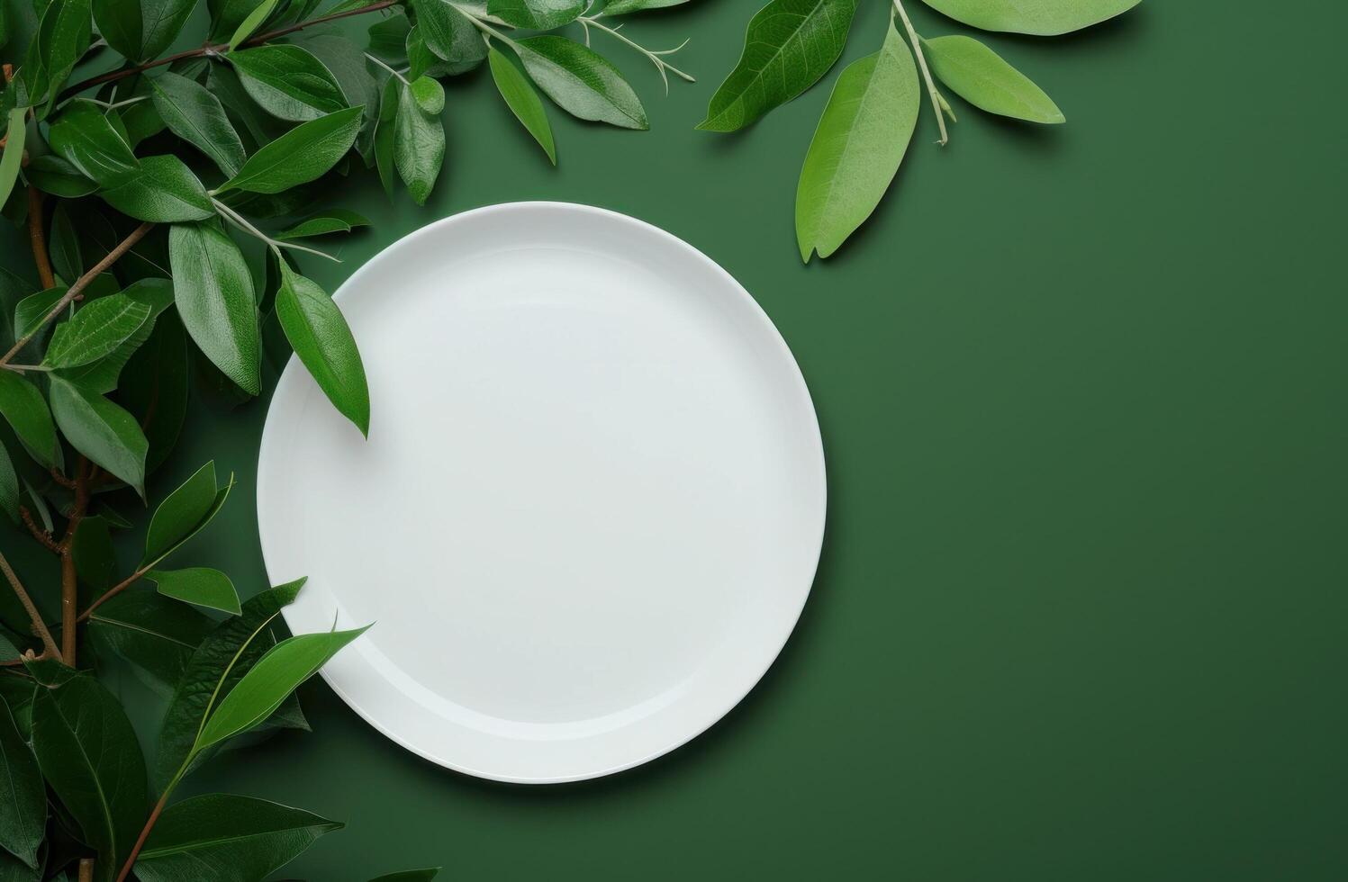 ai généré blanc circulaire assiette sur une vert Contexte photo