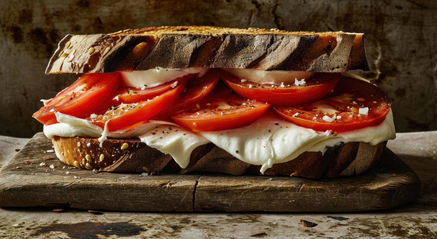 ai généré une sandwich avec mozzarella fromage et tomates sur Haut photo