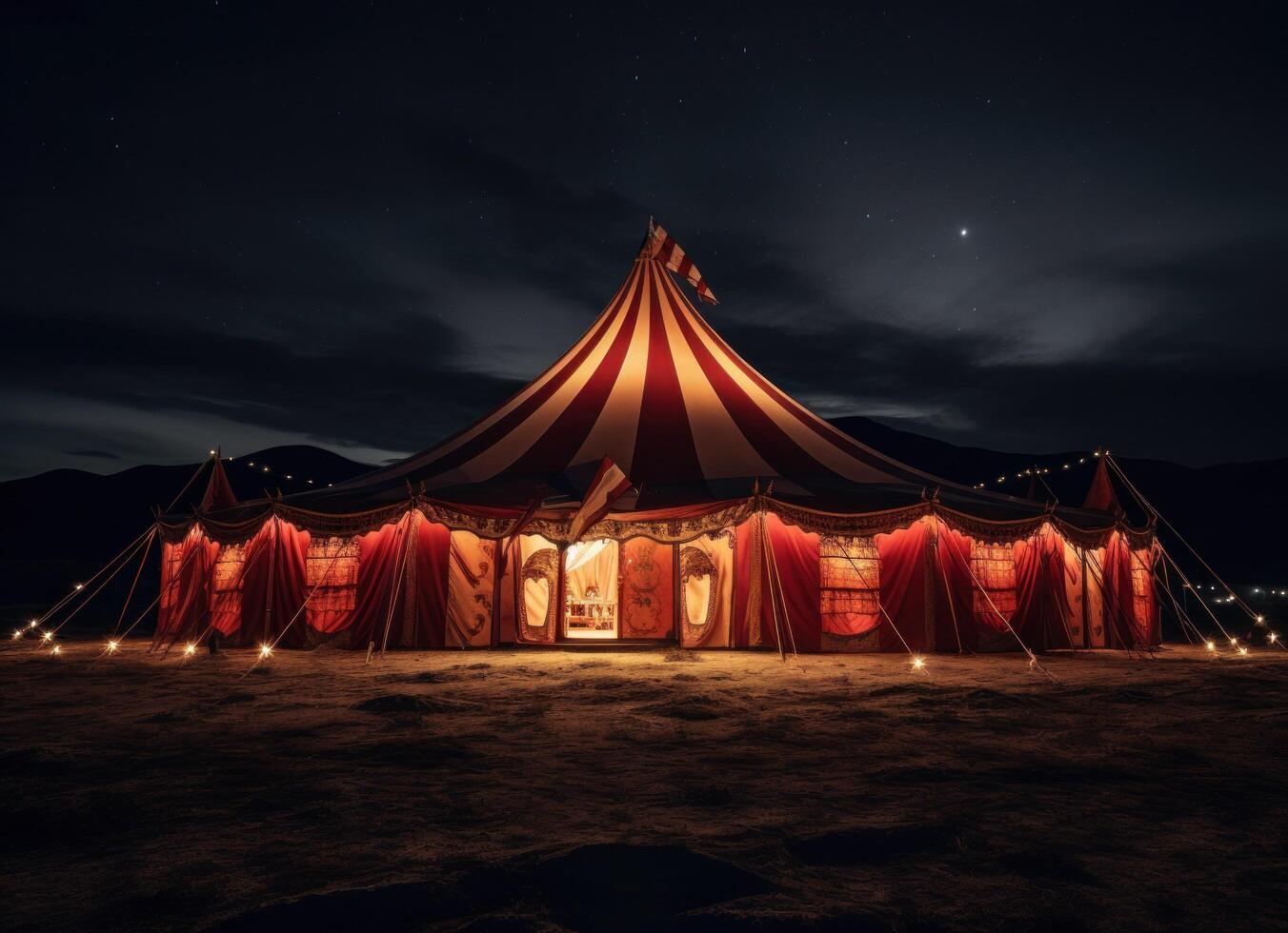 ai généré une cirque tente allumé en haut à nuit, dans le désert photo