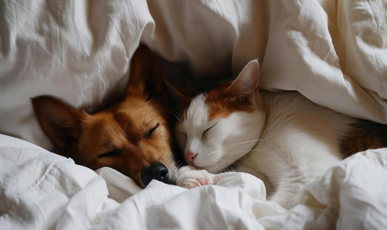 ai généré une chien et chat sont en train de dormir en dessous de une blanc feuille photo