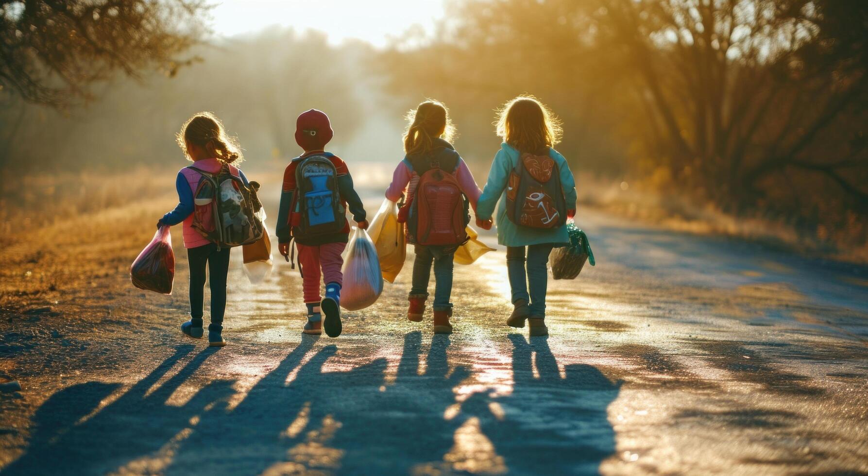 ai généré des gamins sont en marchant vers le bas route avec leur sacs à dos photo