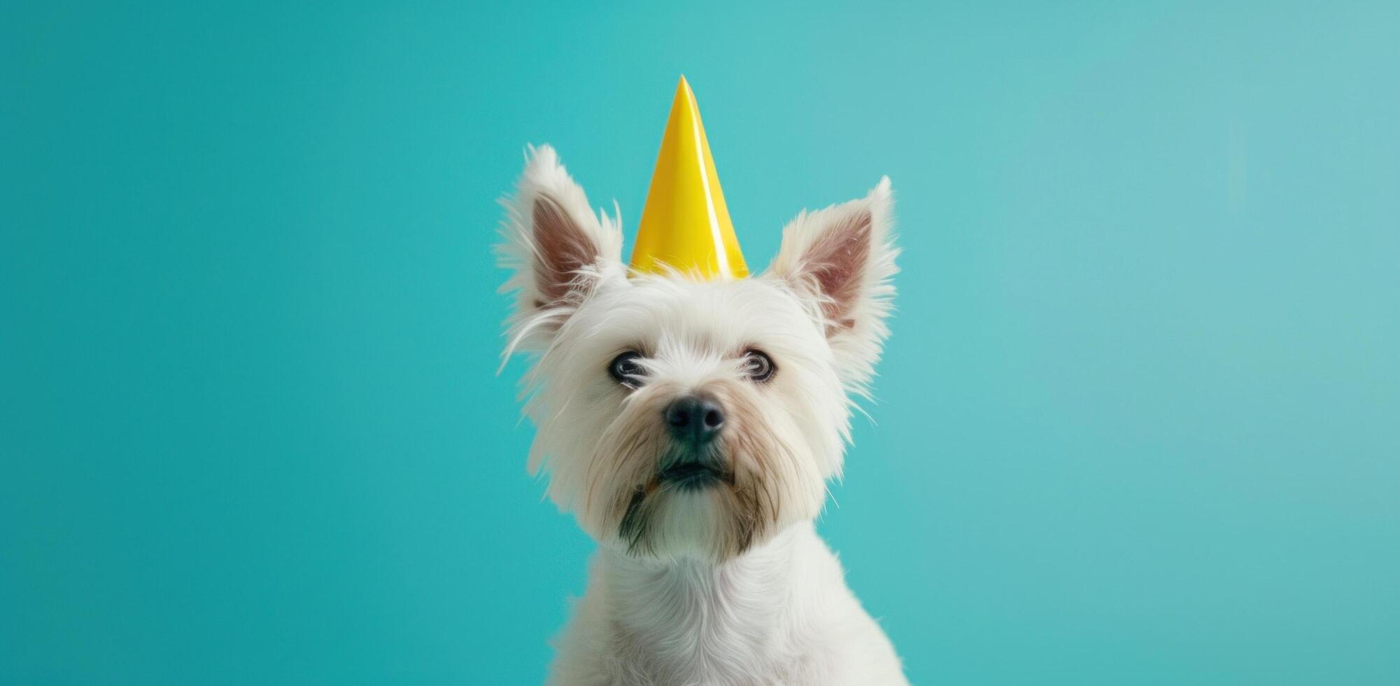 ai généré une blanc chien habillé en haut dans une Jaune fête chapeau photo