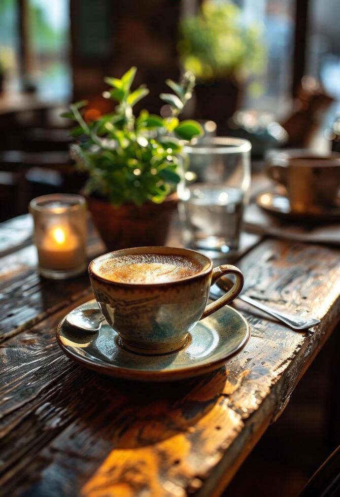 ai généré une table avec café tasse et cuillères sur Haut photo