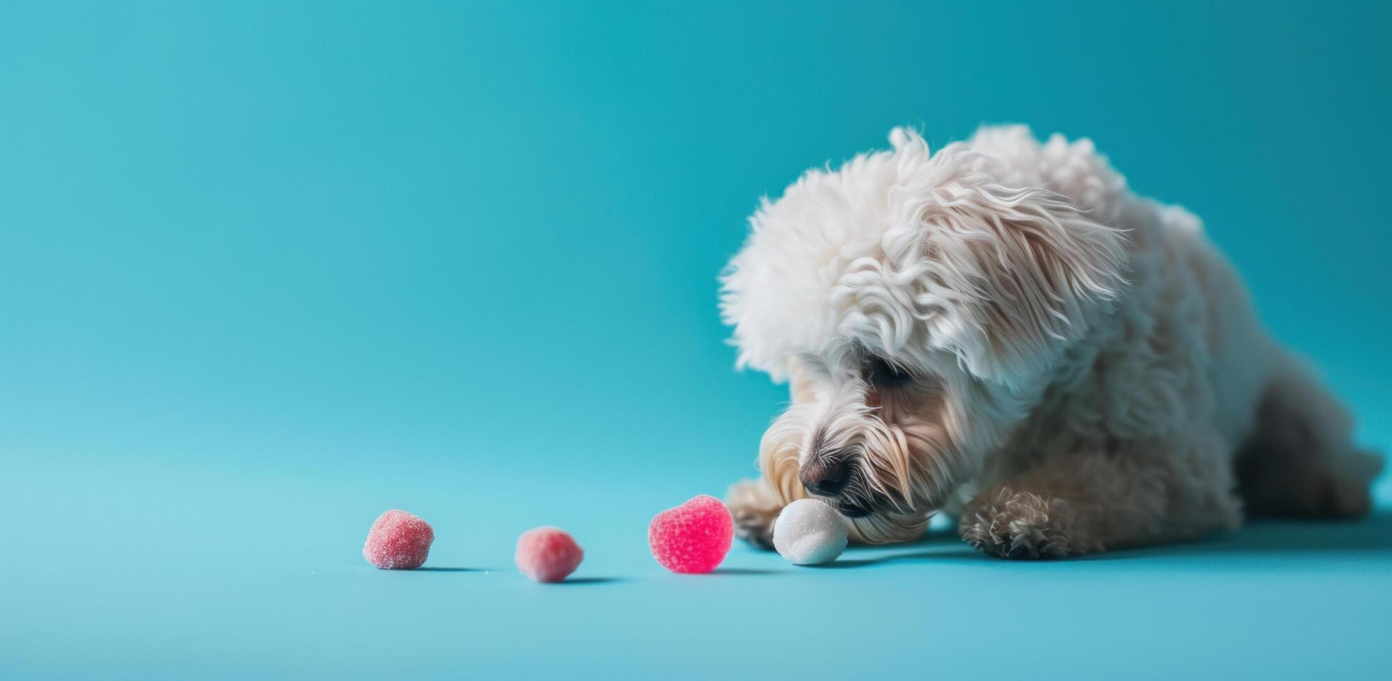 ai généré peu blanc chien en mangeant une bonbons sur bleu Contexte photo