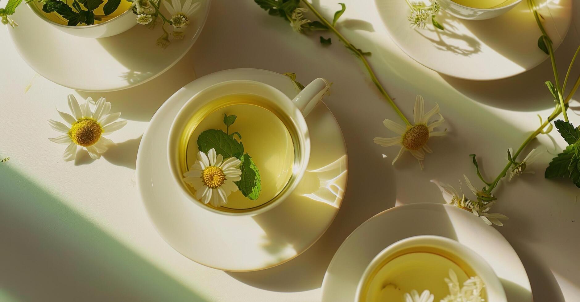 ai généré camomille thé et menthe sur blanc assiettes photo