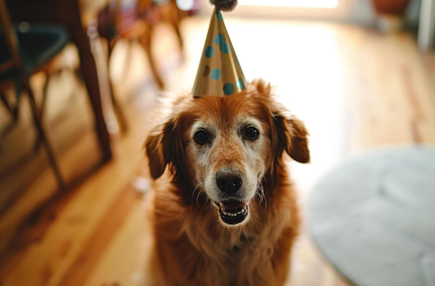 ai généré une chien dans une fête chapeau est soufflant une sifflet photo