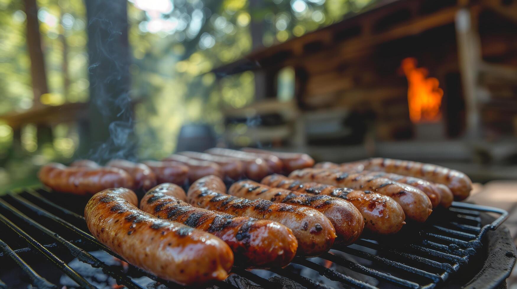 ai généré saucisses sont grillé. Contexte flou Contexte de pays maison et été jardin photo