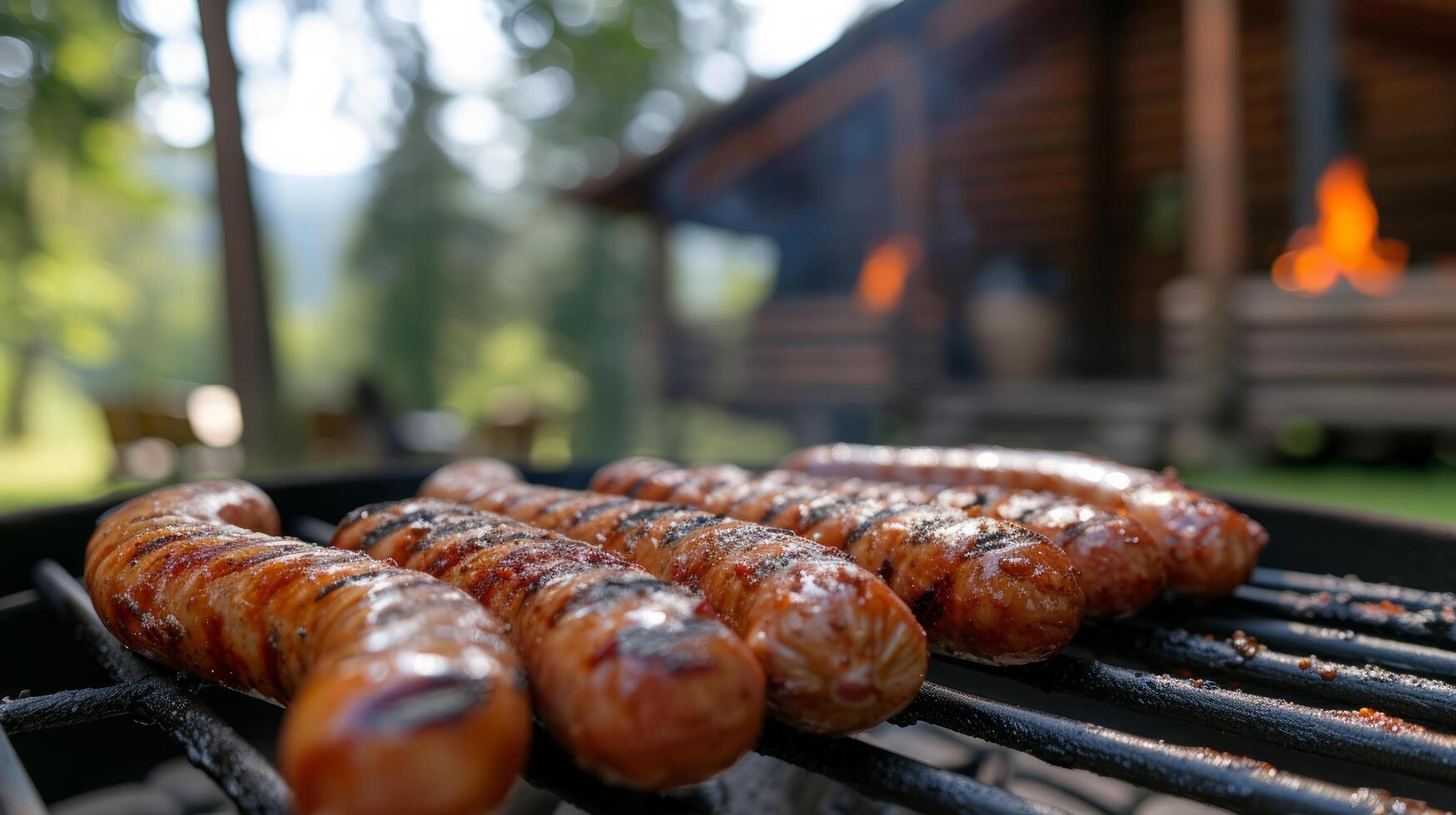 ai généré saucisses sont grillé. Contexte flou Contexte de pays maison et été jardin photo