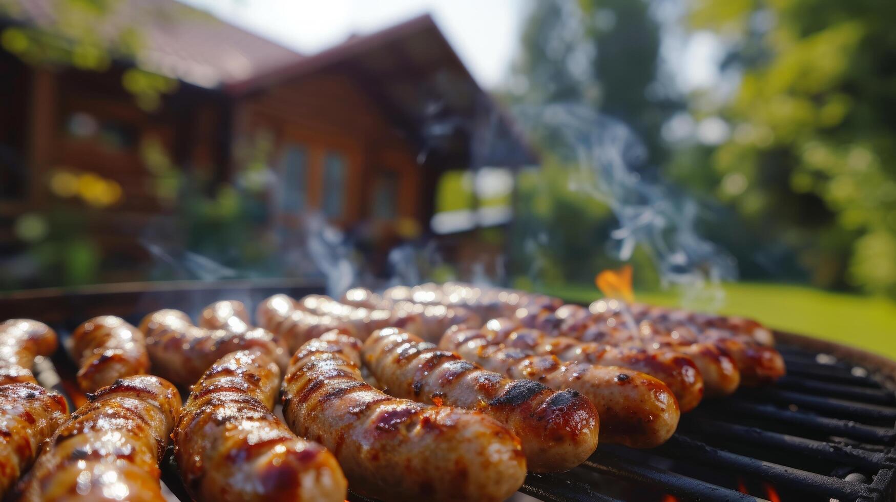 ai généré saucisses sont grillé. Contexte flou Contexte de pays maison et été jardin photo