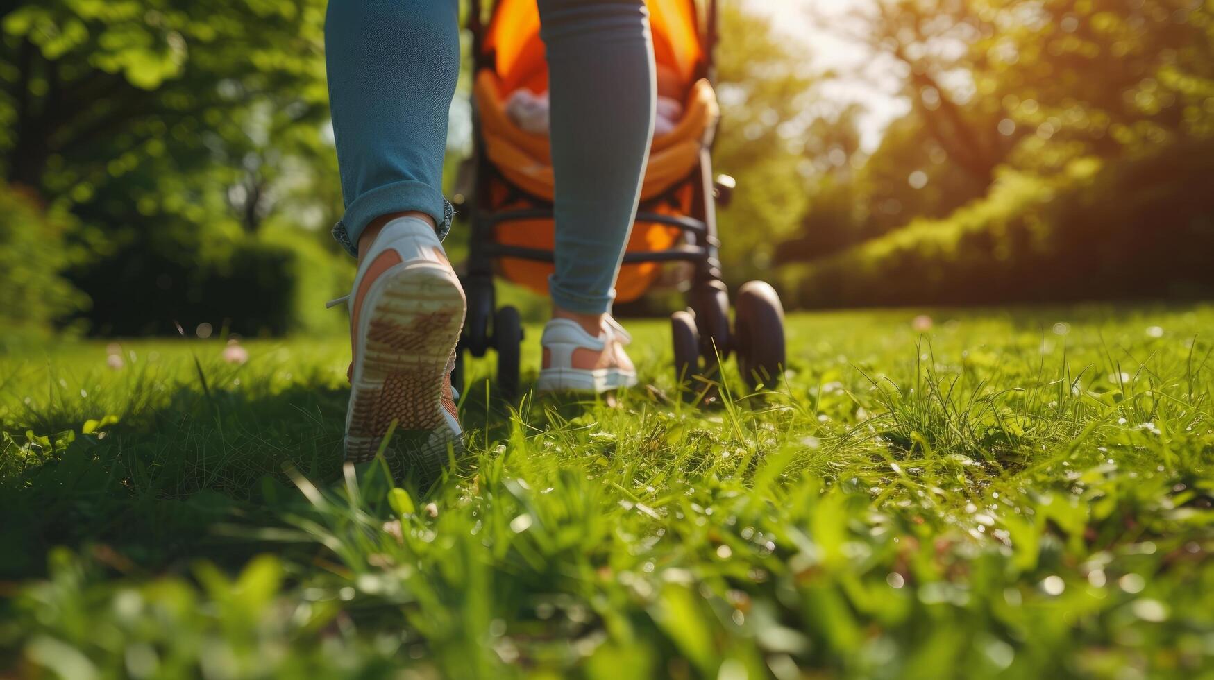 ai généré proche en haut de une Jeune femme des promenades avec une vif poussette avec une nouveau née bébé dans une ensoleillé été parc photo