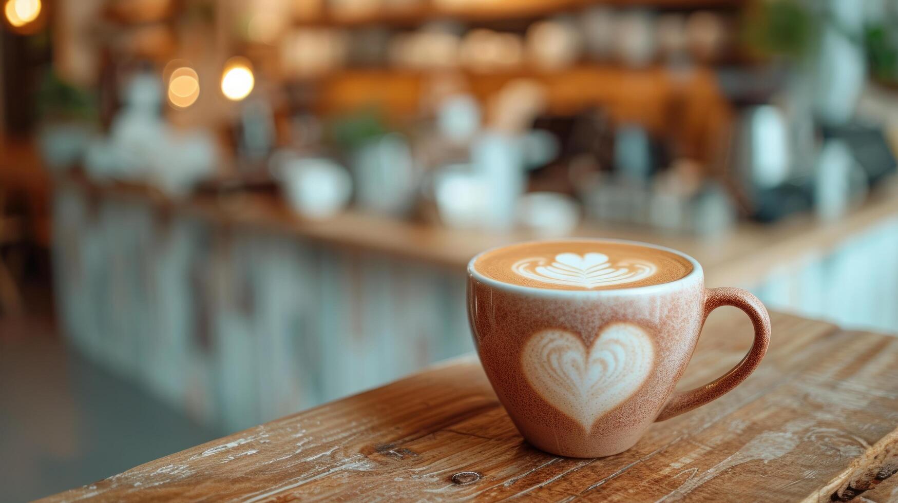 ai généré une tasse de cappuccino avec une cœur sur mousse des stands sur une en bois table contre le Contexte de une flou café magasin photo