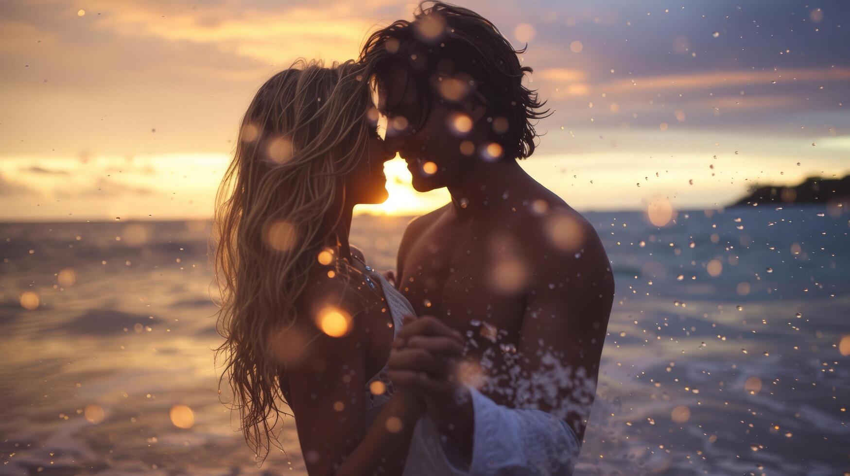 ai généré magnifique Jeune couple dansant à nuit la musique fête sur le plage photo