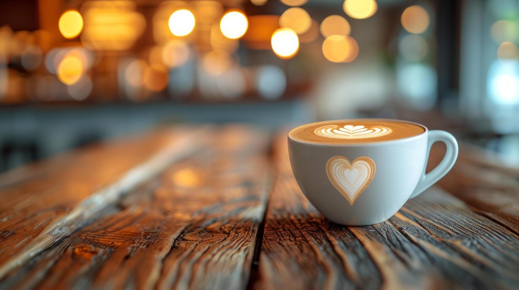 ai généré une tasse de cappuccino avec une cœur sur mousse des stands sur une en bois table contre le Contexte de une flou café magasin photo