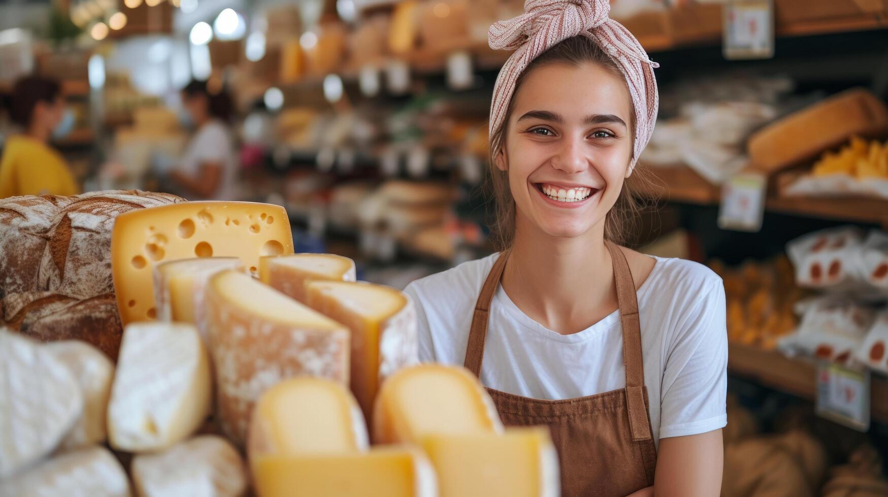 ai généré agréable Jeune vendeuse offre fromage tandis que permanent derrière boutique compteurs photo