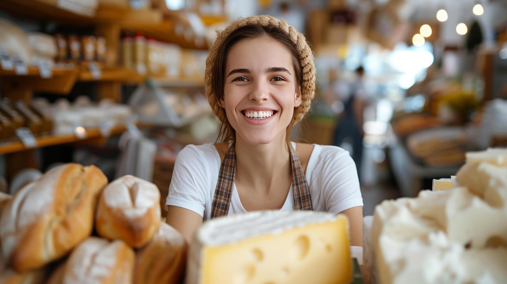 ai généré agréable Jeune vendeuse offre fromage tandis que permanent derrière boutique compteurs photo