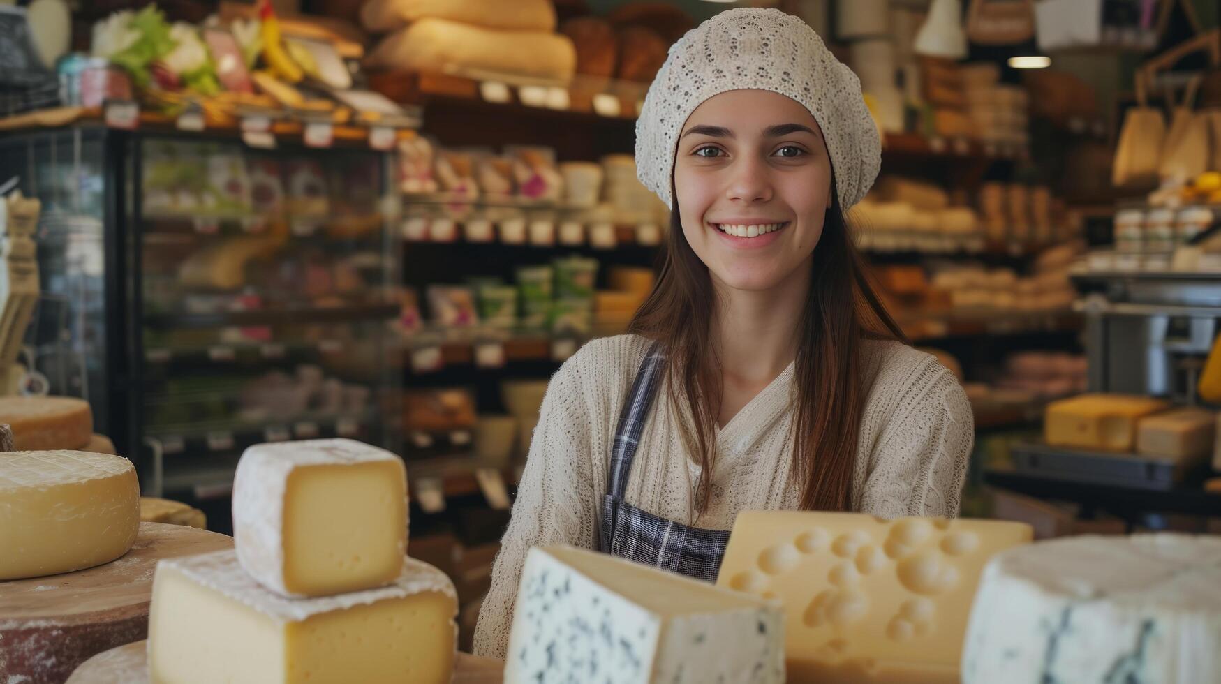 ai généré agréable Jeune vendeuse offre fromage tandis que permanent derrière boutique compteurs photo