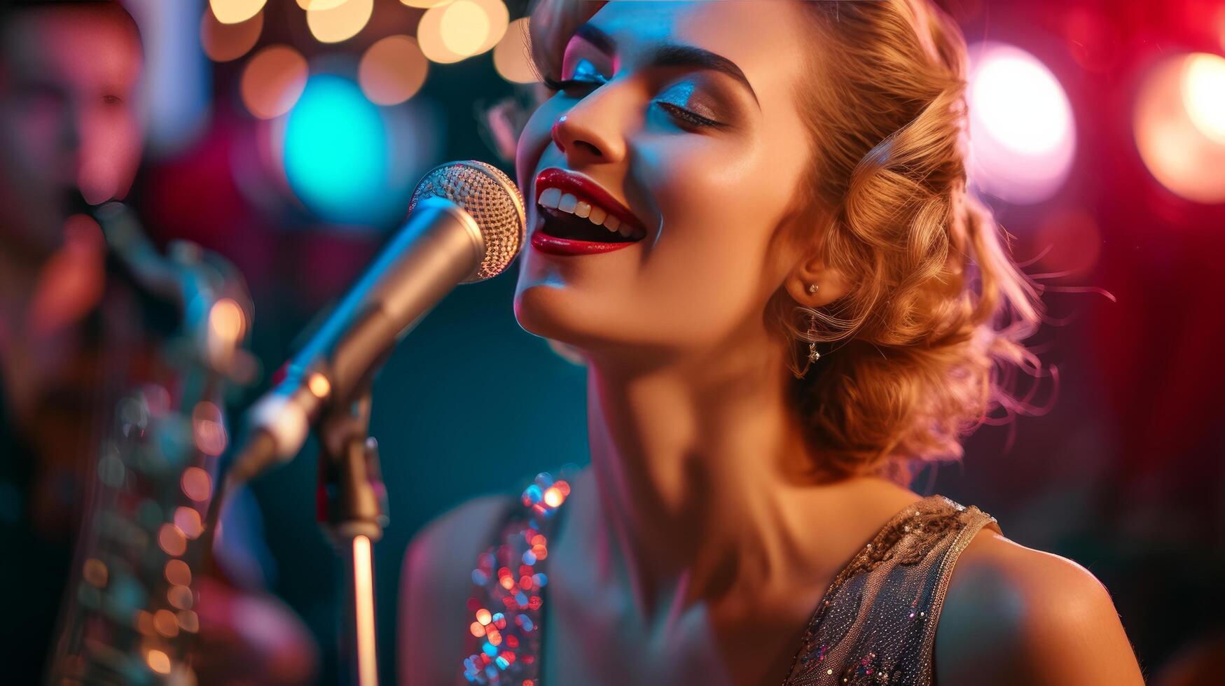 ai généré femme dans d'or robe chante dans une microphone à karaoké photo