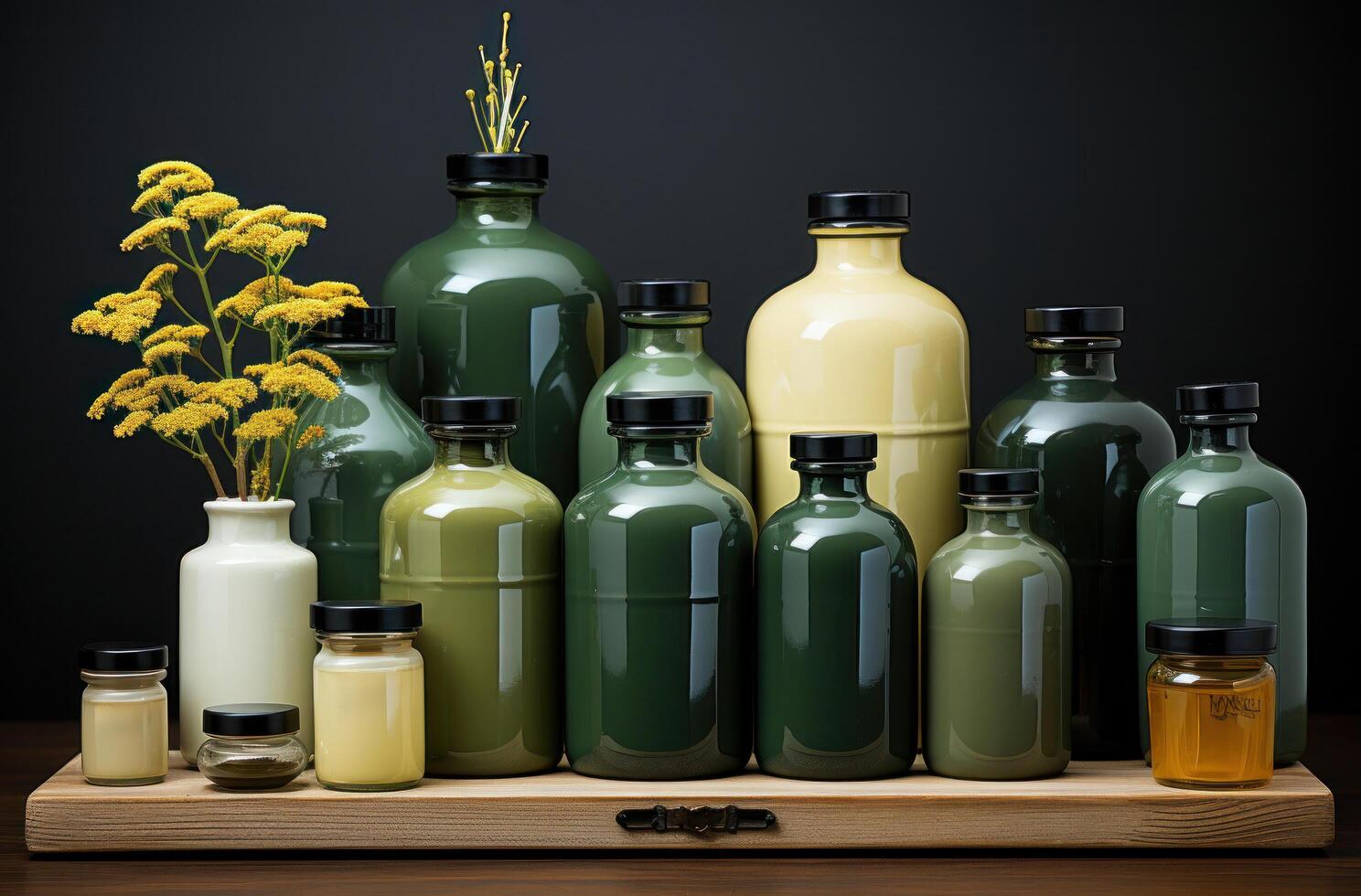 ai généré une bouquet de bouteilles de blanchisserie savon est mis, photo