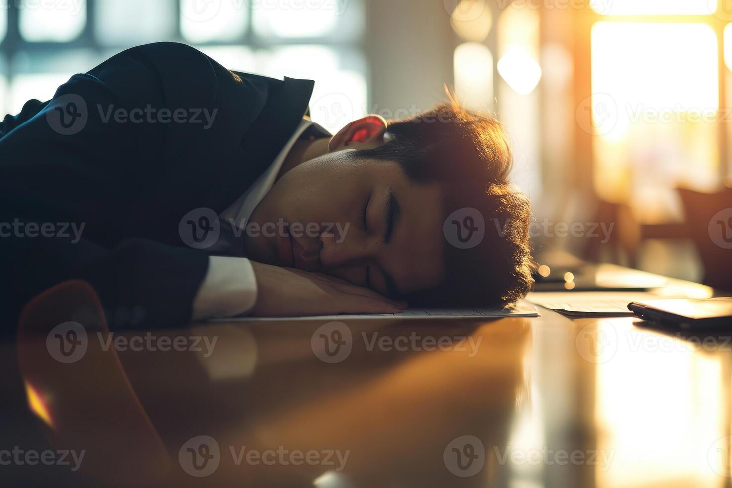 ai généré homme d'affaire en train de dormir ou sieste sur le Bureau bureau, surmené stress épuisé épuisement photo