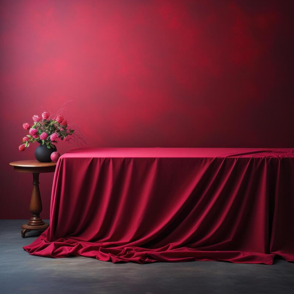 ai généré table avec une couverture sur une table avec rouge arrière-plan, photo