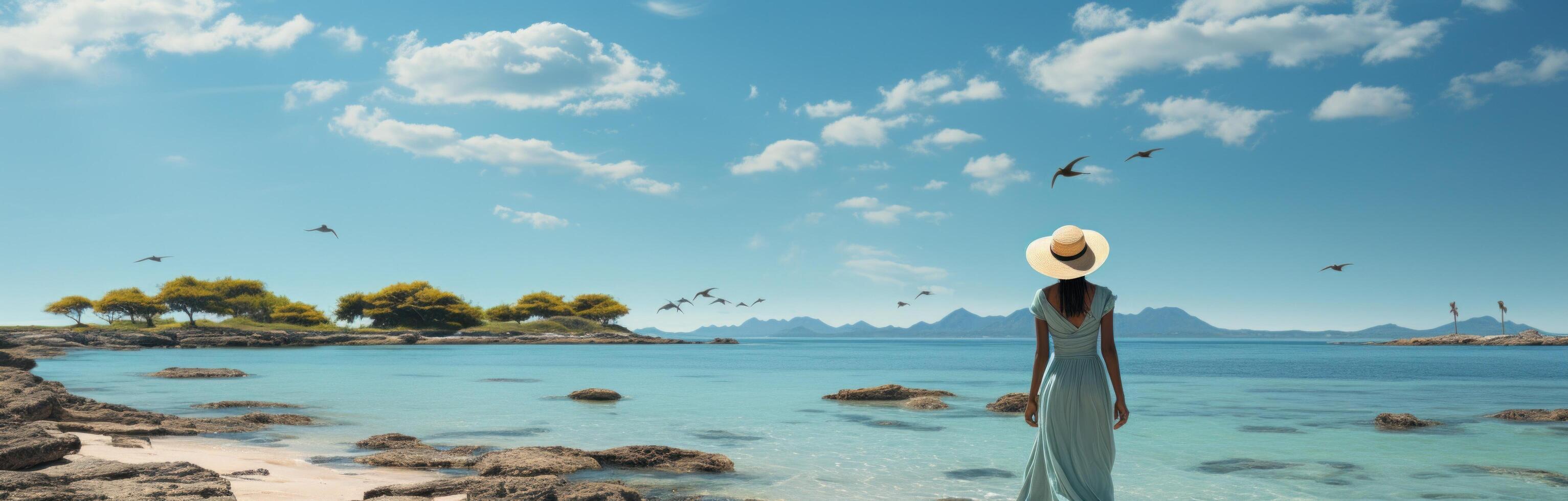 ai généré femme en marchant sur le plage portant une chapeau, photo