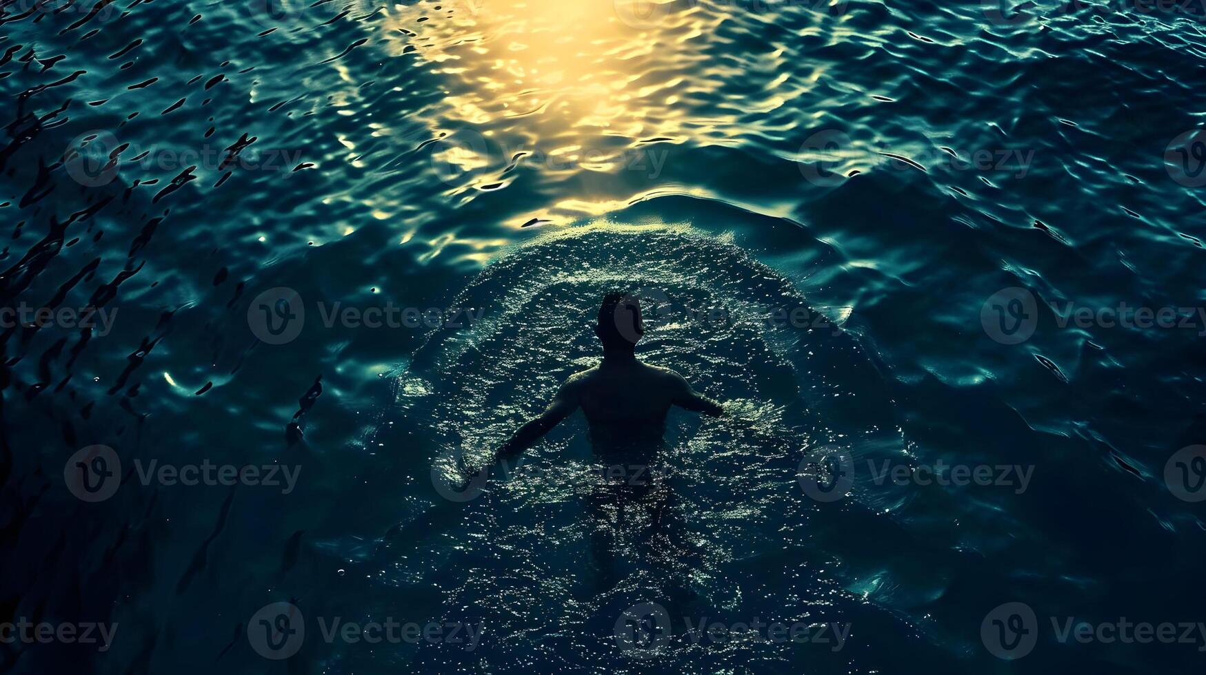 ai généré Haut vue de silhouette homme nager dans le mer cinématique photo. haute qualité. ai génératif photo