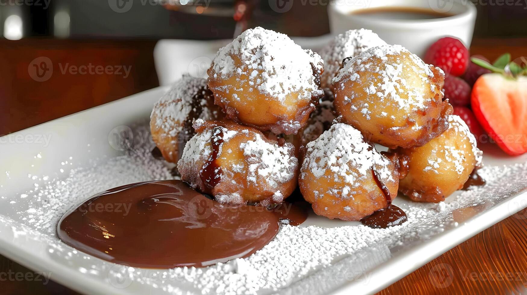 ai généré nourriture photo de pâte des balles avec Chocolat sauce, des fraises, et en poudre sucre. haute qualité. ai génératif