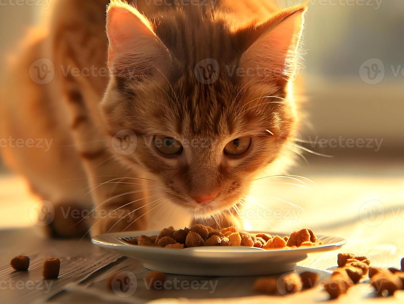 ai généré une marron chaton mange chat nourriture dans une lumière brillant chambre. Jaune lumière du soleil. haute qualité. ai génératif photo