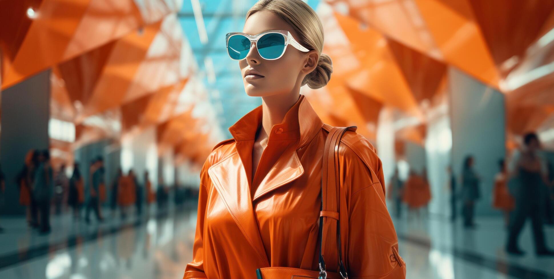 ai généré femme dans Orange robe avec sac et Sacs dans un Orange achats centre commercial photo