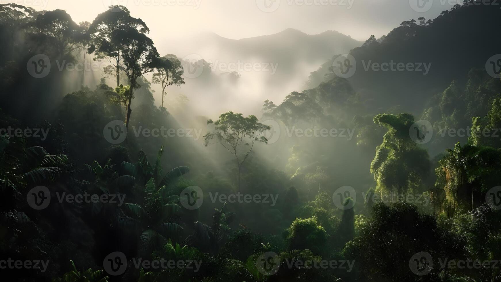 ai généré spectaculaire vue sur le forêt tropicale dans le lever du soleil, neural réseau généré photoréaliste image photo