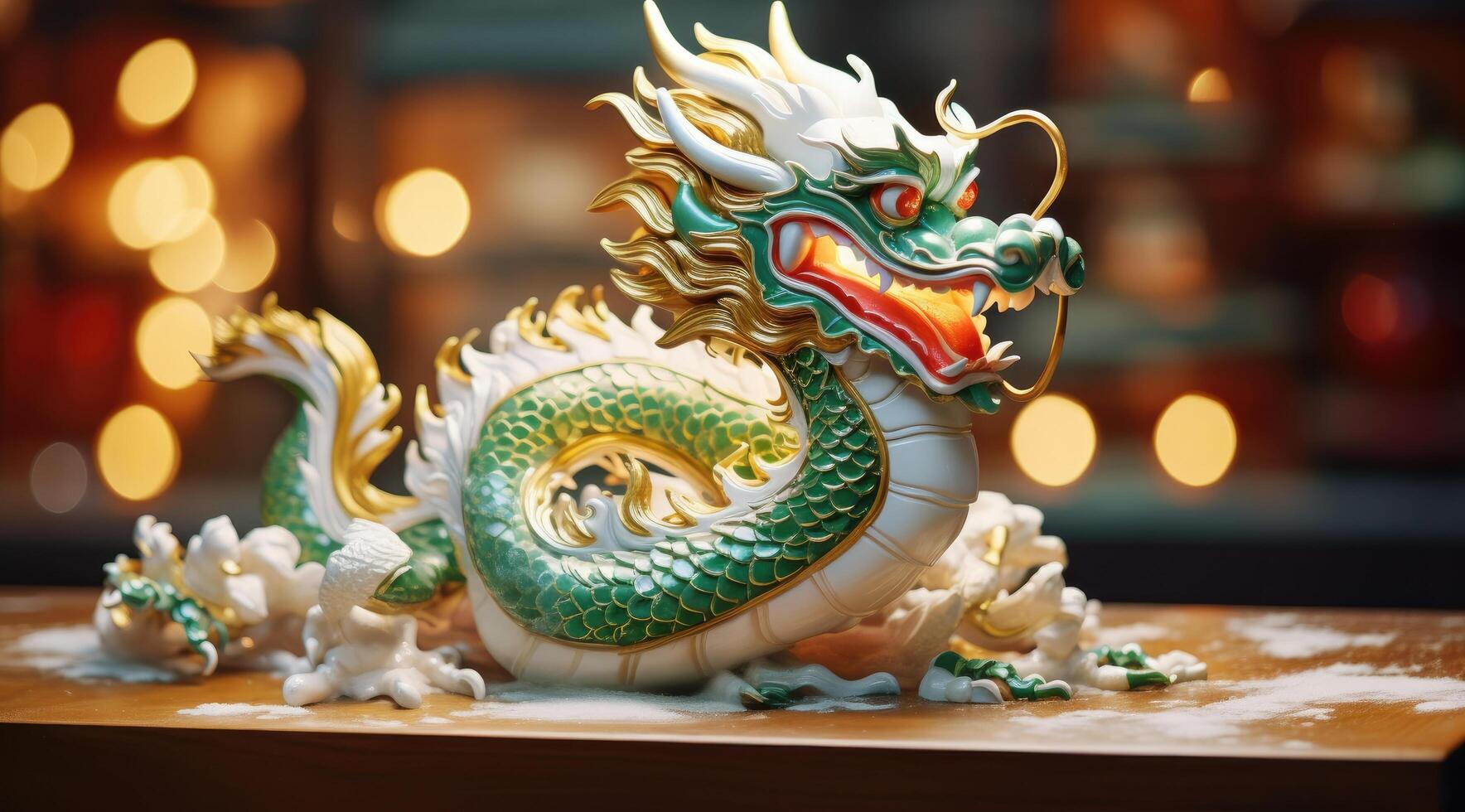 ai généré une vert et blanc dragon figurine sur une table avec lumière réfléchi sur il photo