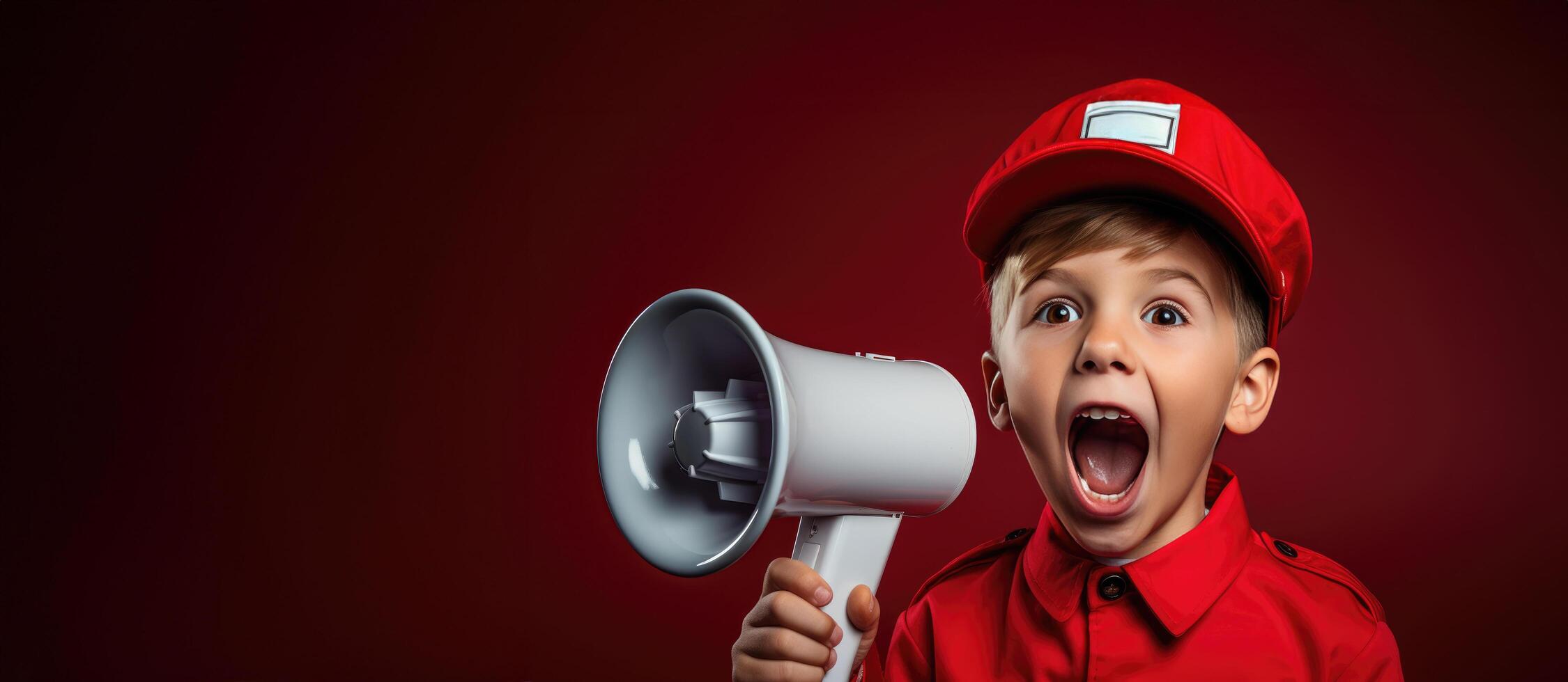 ai généré garçon dans bande casquette en criant par mégaphone contre rouge Contexte photo