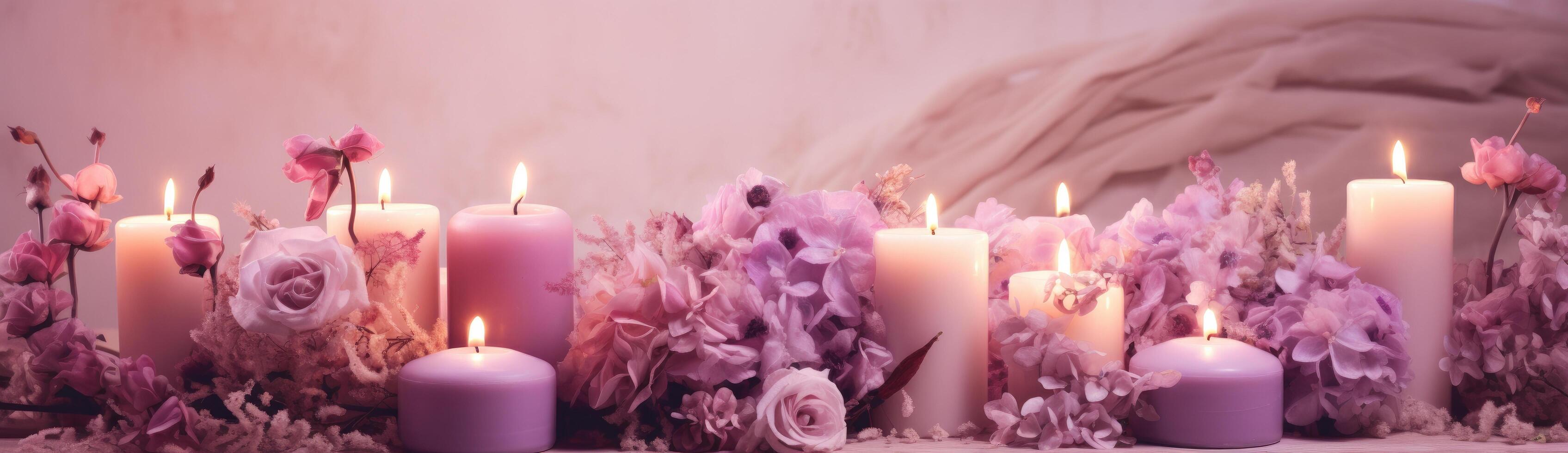 ai généré un image de bougies et fleurs avec violet fleurs photo