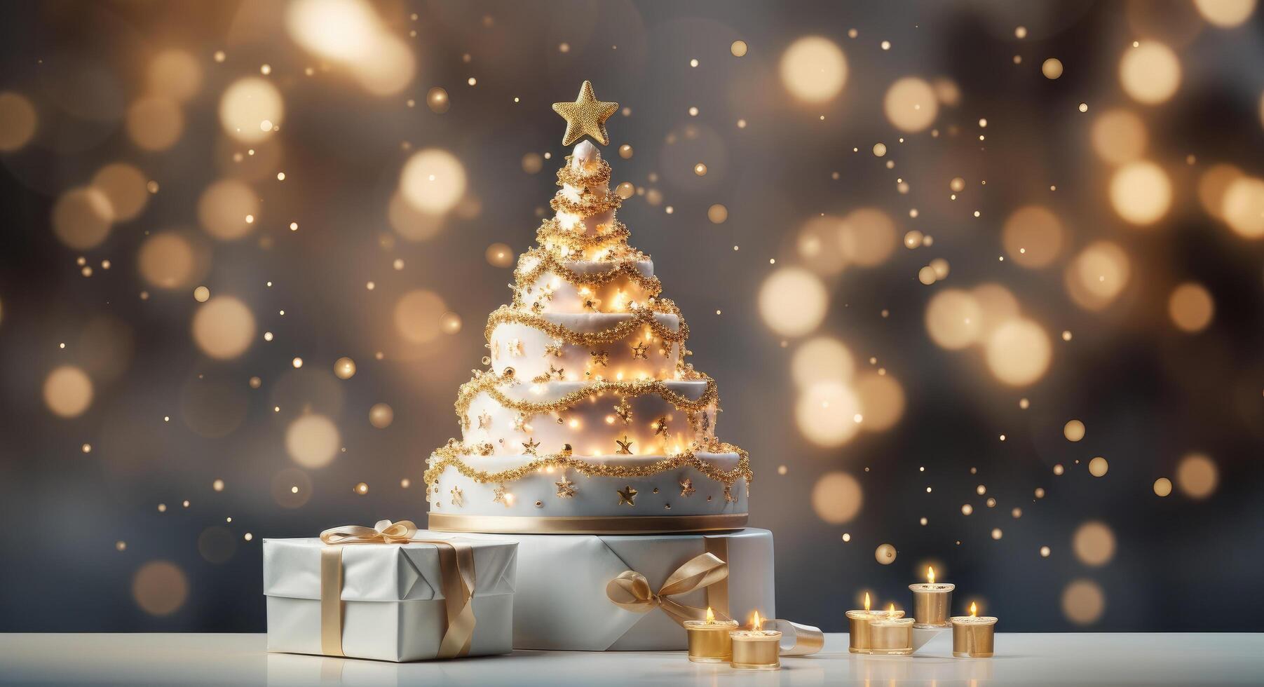 ai généré Noël gâteau dans le forme de une arbre avec blanc étoiles photo