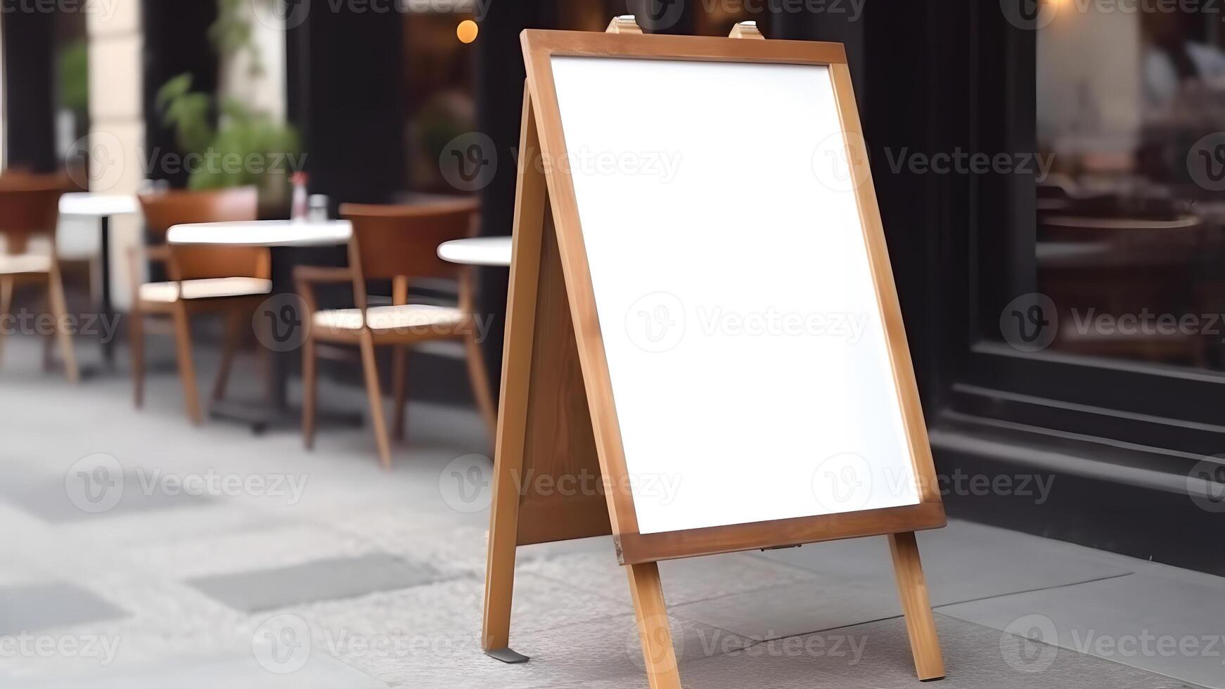 ai généré blanc Vide restaurant magasin signe ou menu planche près le entrée de rue café à journée temps, neural réseau généré image photo