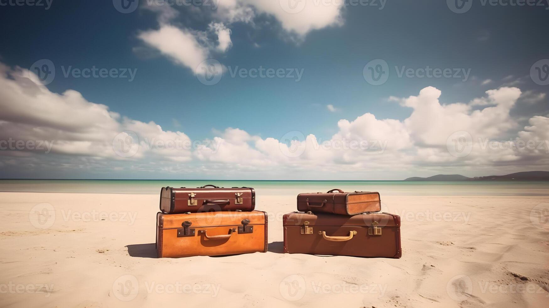 ai généré peu à l'ancienne cuir ou fibre les valises posé sur le sable sur ensoleillé tropical plage, neural réseau généré art photo