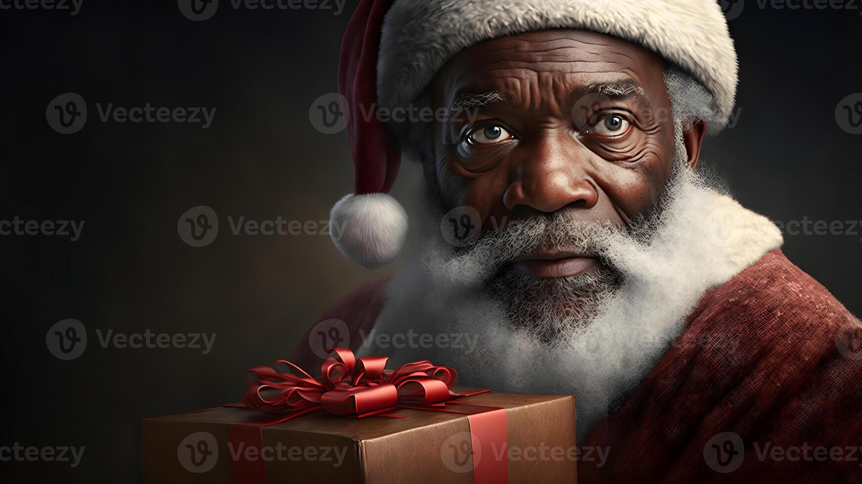 ai généré africain américain Père Noël claus avec cadeau boîte, proche portrait avec Rembrandt éclairage, neural réseau généré art photo