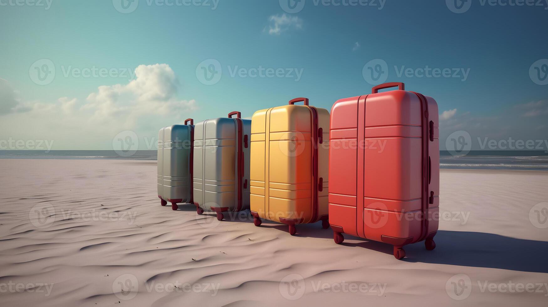 ai généré peu moderne les valises sur tropical recours plage à ensoleillé jour, neural réseau généré art photo