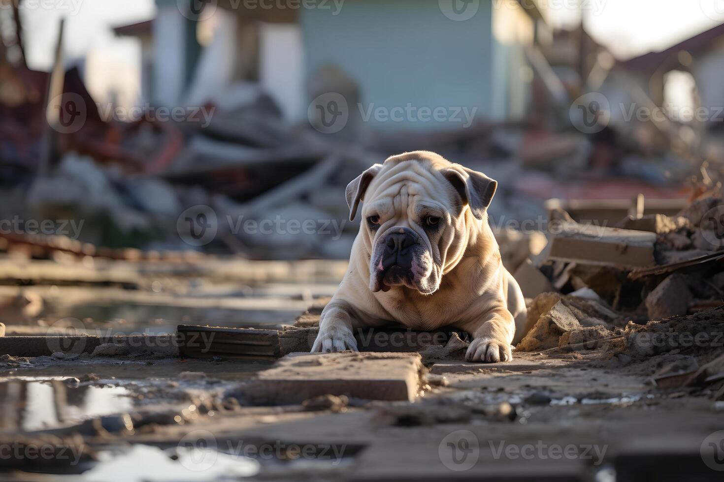 ai généré seul humide et sale bouledogue après catastrophe sur le Contexte de maison décombres, neural réseau généré image photo