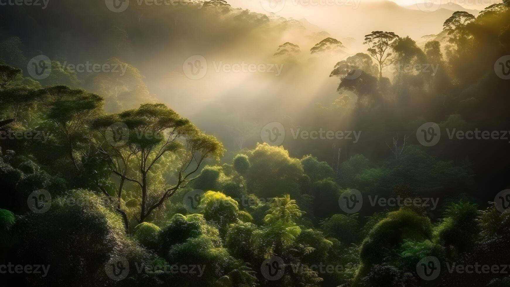 ai généré spectaculaire vue sur le forêt tropicale dans le lever du soleil, neural réseau généré photoréaliste image photo